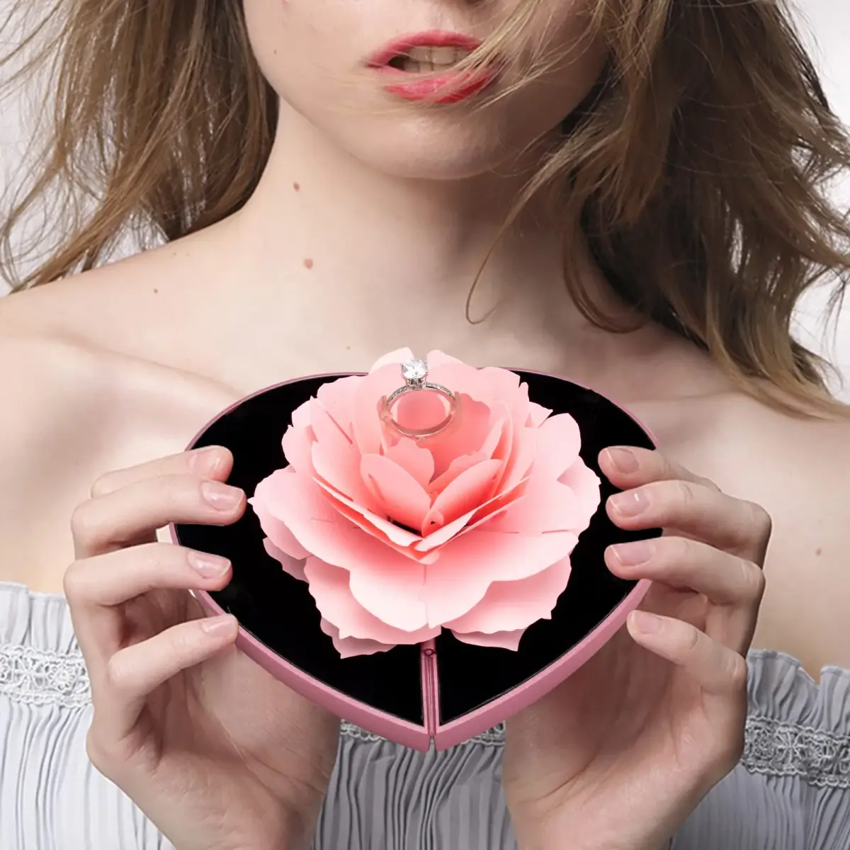 wonuu Engagement Ring Box, Heart Shaped Rose Box with Flannel Lining | Surprise Jewelry Storage Holder for Proposal, Engagement, Wedding Gift (Pink) - view 3