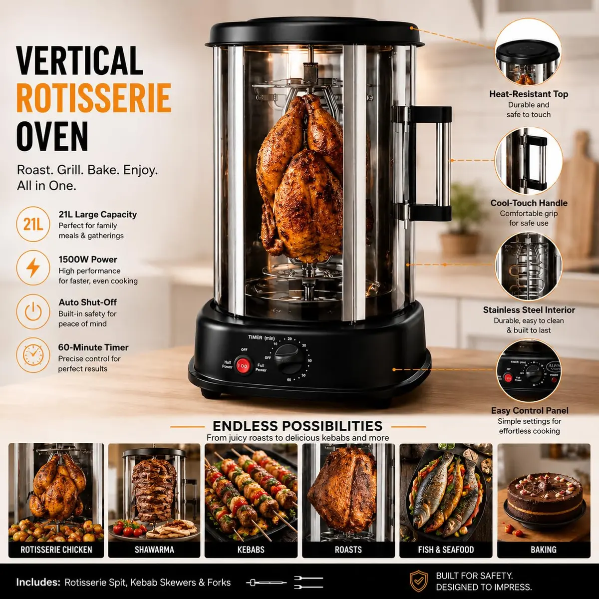 Alpine Cuisine 21L Vertical Rotisserie Grill 1500W | Multifunctional Kitchen Appliance for Roasting, Grilling & Baking - view 5