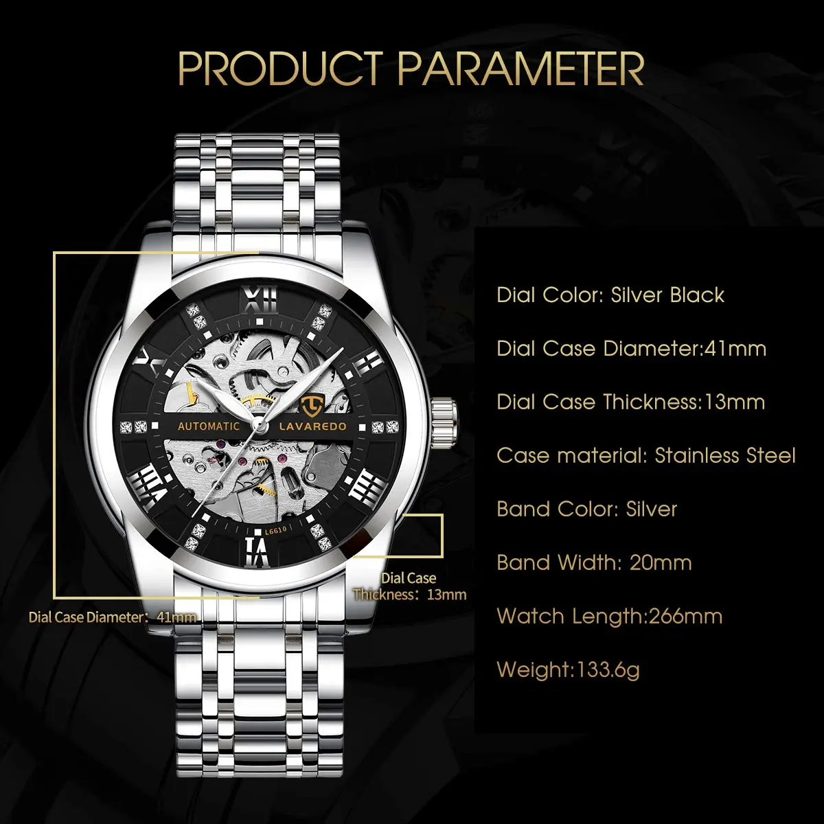 A ALPS Automatic Mechanical Watch for Men, 41mm Stainless Steel Case, 20mm Band, 30M Water Resistant | Skeleton Dial - view 6