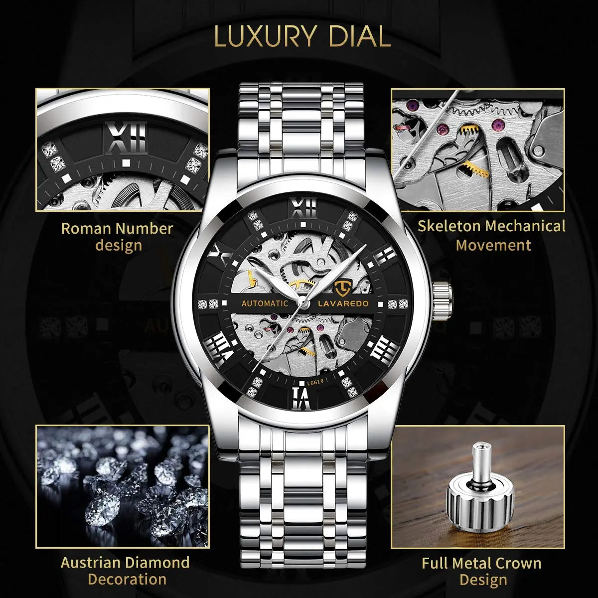 A ALPS Automatic Mechanical Watch for Men, 41mm Stainless Steel Case, 20mm Band, 30M Water Resistant | Skeleton Dial - view 2