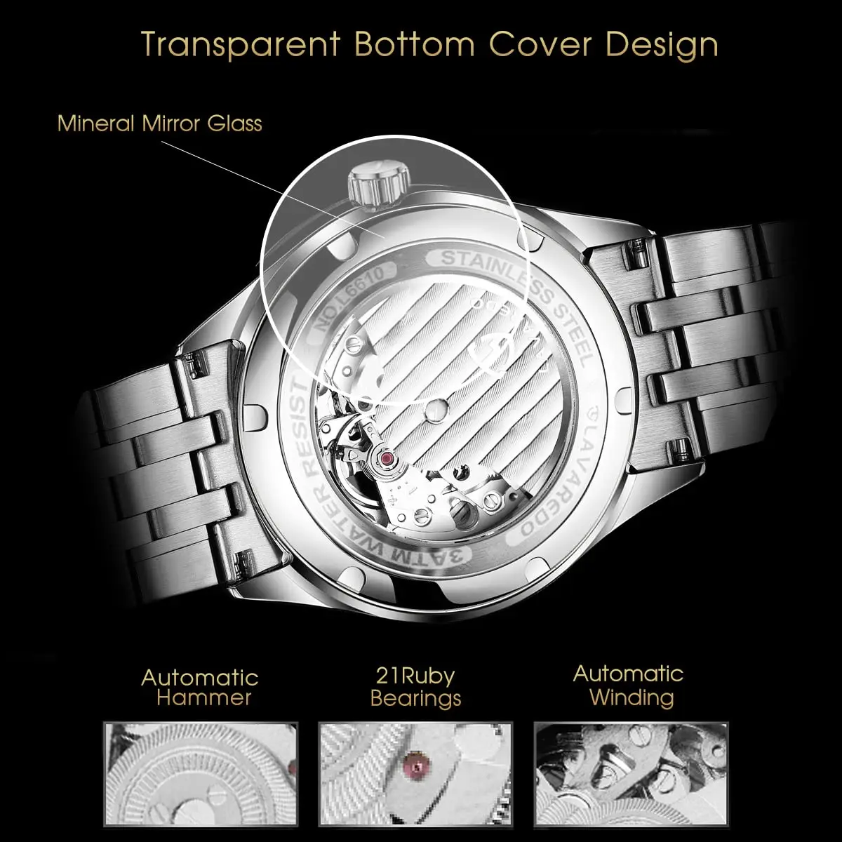 A ALPS Automatic Mechanical Watch for Men, 41mm Stainless Steel Case, 20mm Band, 30M Water Resistant | Skeleton Dial - view 3