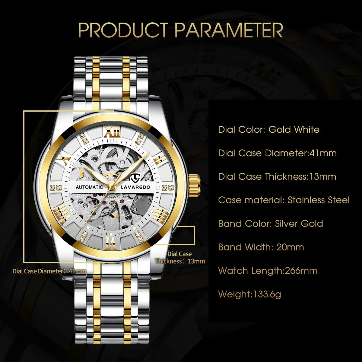 A ALPS Mens Watch, Automatic Self-Winding Mechanical Waterproof Watch | Luxurious Skeleton Dial, 41mm, Silver Strap - view 7