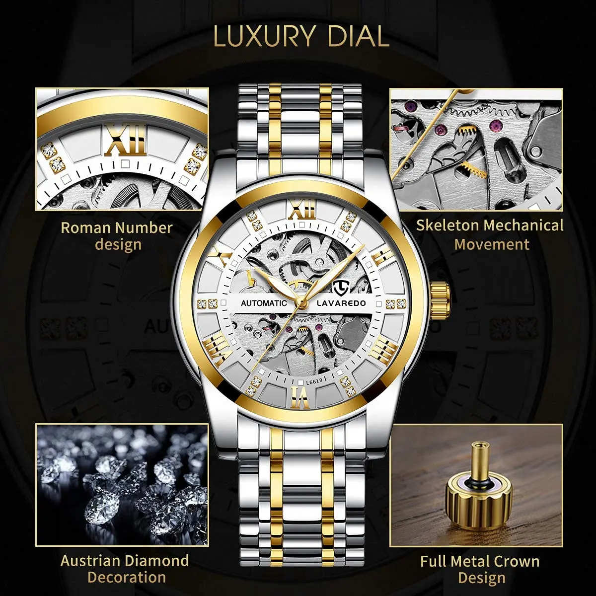 A ALPS Mens Watch, Automatic Self-Winding Mechanical Waterproof Watch | Luxurious Skeleton Dial, 41mm, Silver Strap - view 2