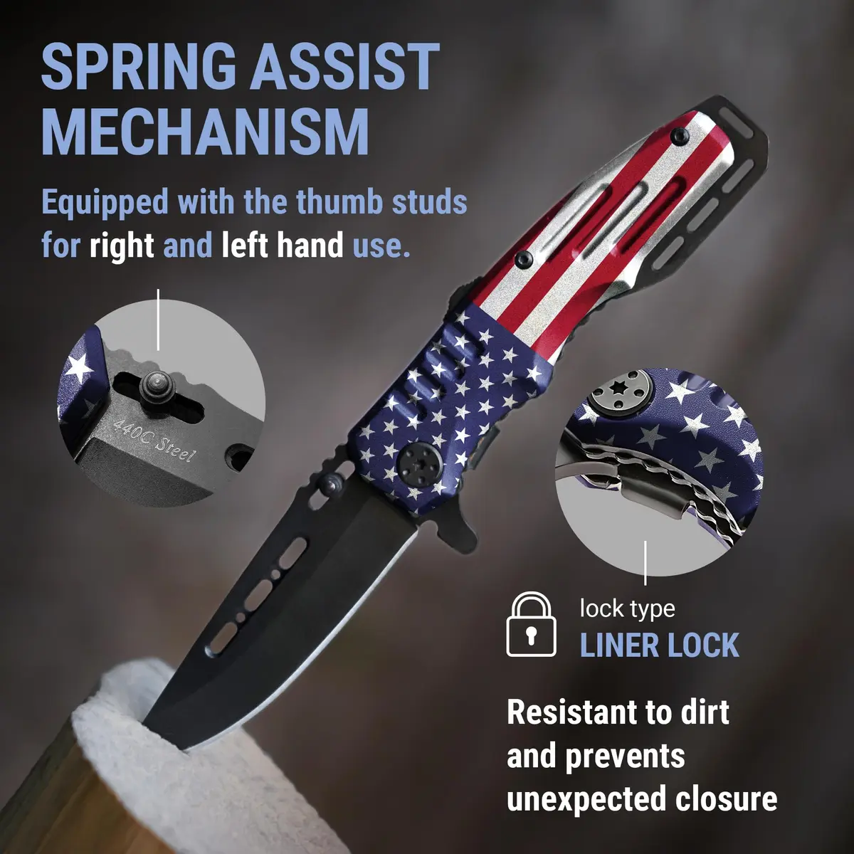 Grand Way Patriotic Pocket Knife American Flag | 3.4" Blade, Spring Assisted, Food & Outdoor Use - view 5