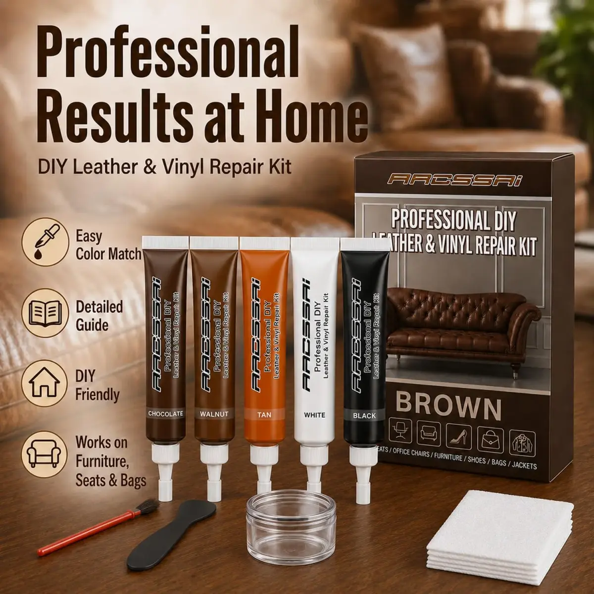 ARCSSAI ARCSSAL Brown Leather Repair Kit | Restores Furniture, Sofas, Jackets, Car Seats & Purses - view 7