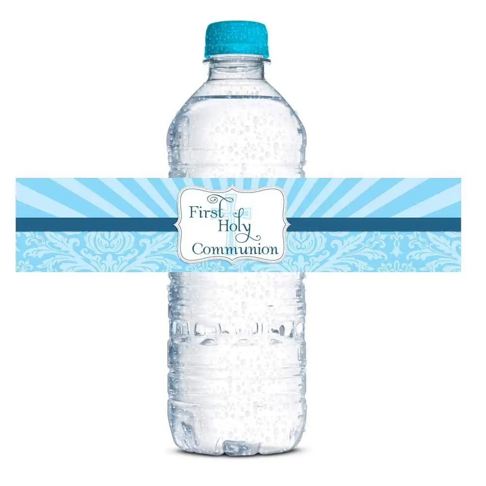 Amanda Creation First Holy Communion Water Bottle Wrappers for Boys 20 Pack 17.5cm (8.5"x1.75") | Catholic Sacrament Party Decorations - main product image