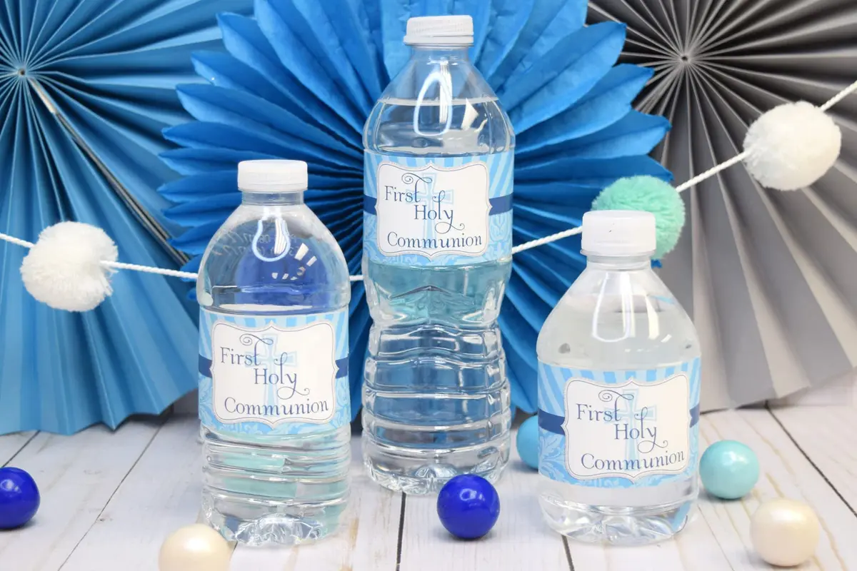 Amanda Creation First Holy Communion Water Bottle Wrappers for Boys 20 Pack 17.5cm (8.5"x1.75") | Catholic Sacrament Party Decorations - view 2