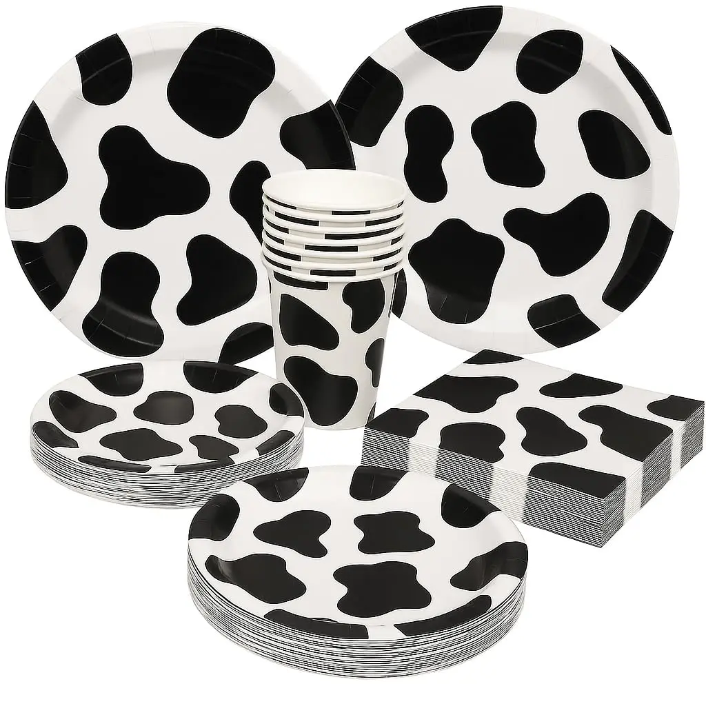 Oojami Cow Print Party Supplies Pack for 30 Guests | 120 Pcs Dinner Plates, Dessert Plates, Cups, Napkins - main product image