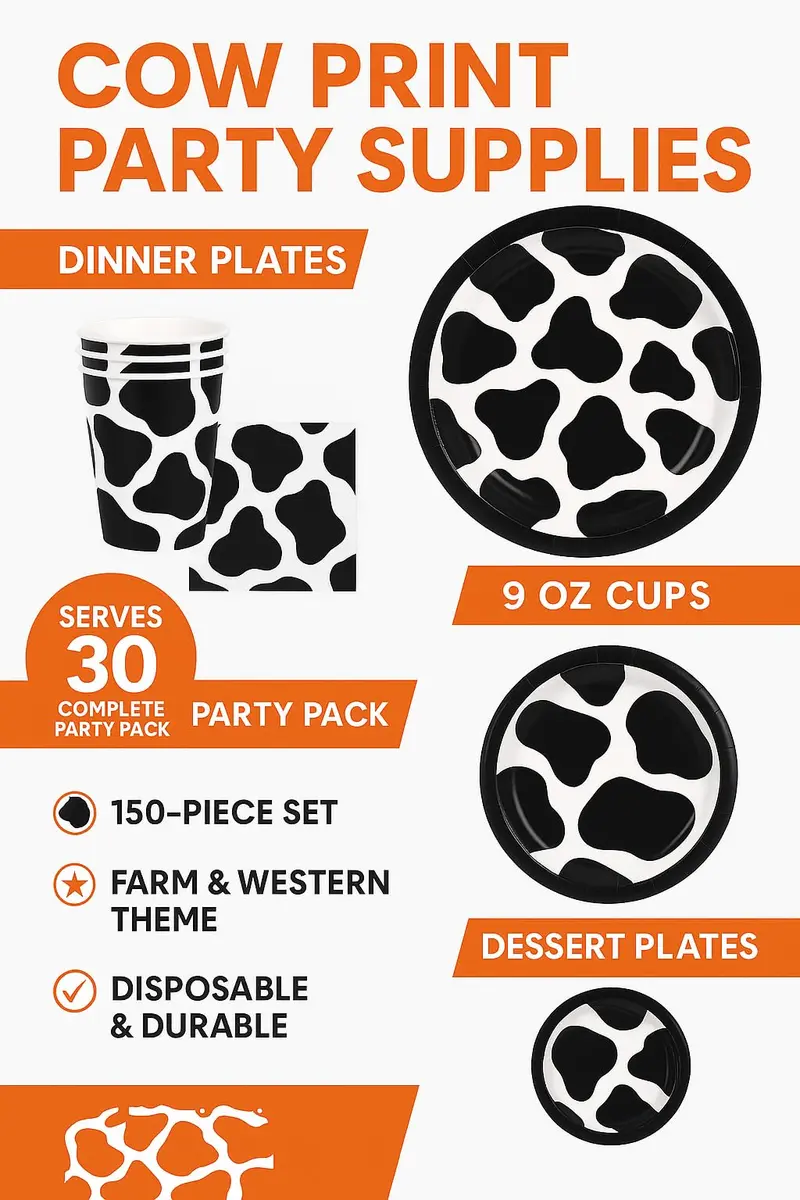 Oojami Cow Print Party Supplies Pack for 30 Guests | 120 Pcs Dinner Plates, Dessert Plates, Cups, Napkins - view 8