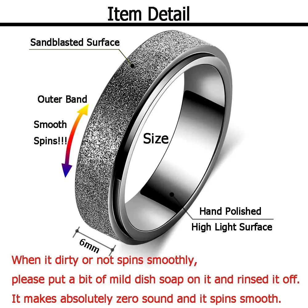 OreilleStar Fidget Spinner Ring for Women & Adults 6mm Black | Titanium Stainless Steel - view 2