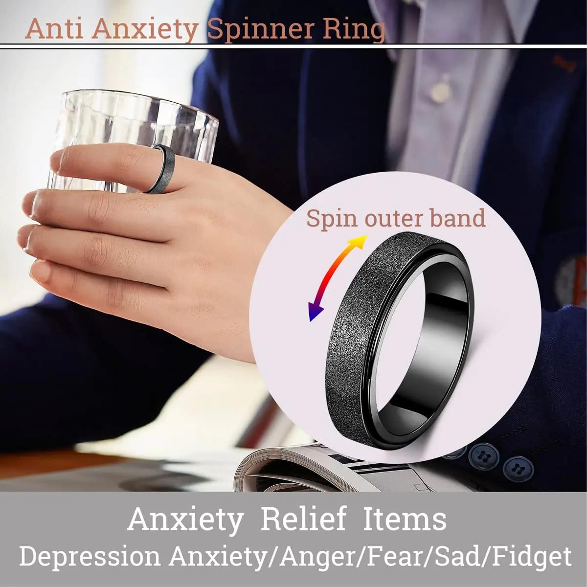 OreilleStar Fidget Spinner Ring for Women & Adults 6mm Black | Titanium Stainless Steel - view 3