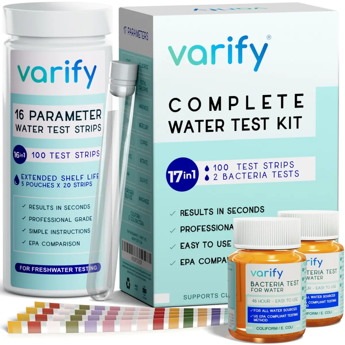 VARIFY 17-in-1 Complete Drinking Water Test Kit with 100 Strips & 2 Bacteria Tests | Professional Grade Analysis for Lead, Chlorine, pH, Hardness & More - main product image