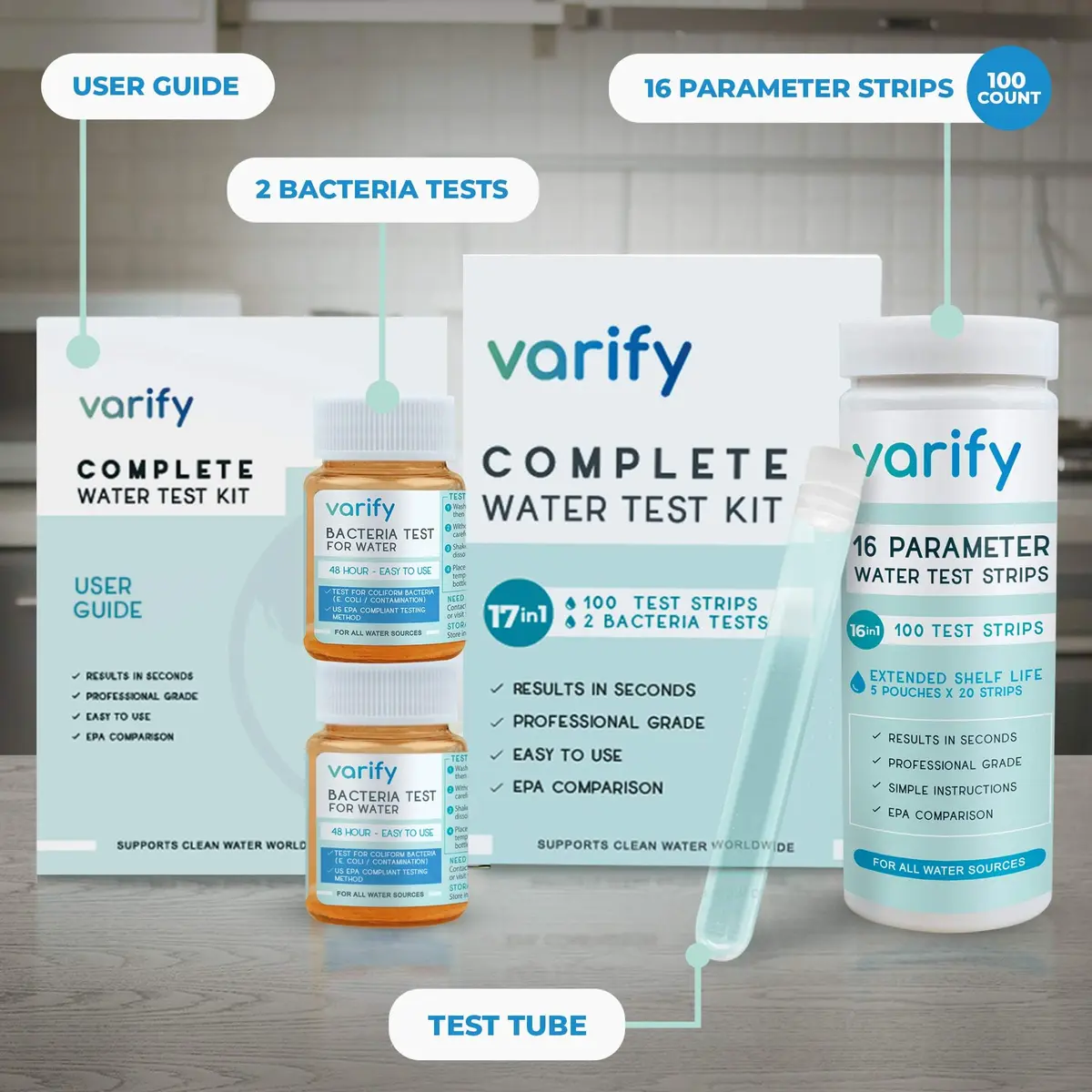 VARIFY 17-in-1 Complete Drinking Water Test Kit with 100 Strips & 2 Bacteria Tests | Professional Grade Analysis for Lead, Chlorine, pH, Hardness & More - view 2