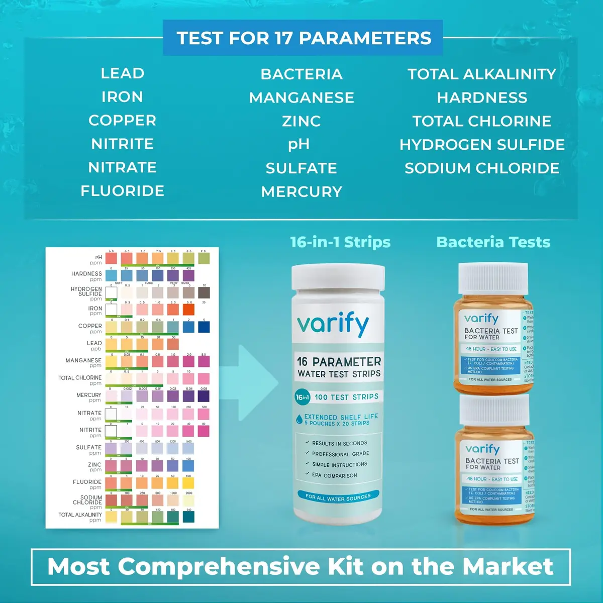 VARIFY 17-in-1 Complete Drinking Water Test Kit with 100 Strips & 2 Bacteria Tests | Professional Grade Analysis for Lead, Chlorine, pH, Hardness & More - view 3