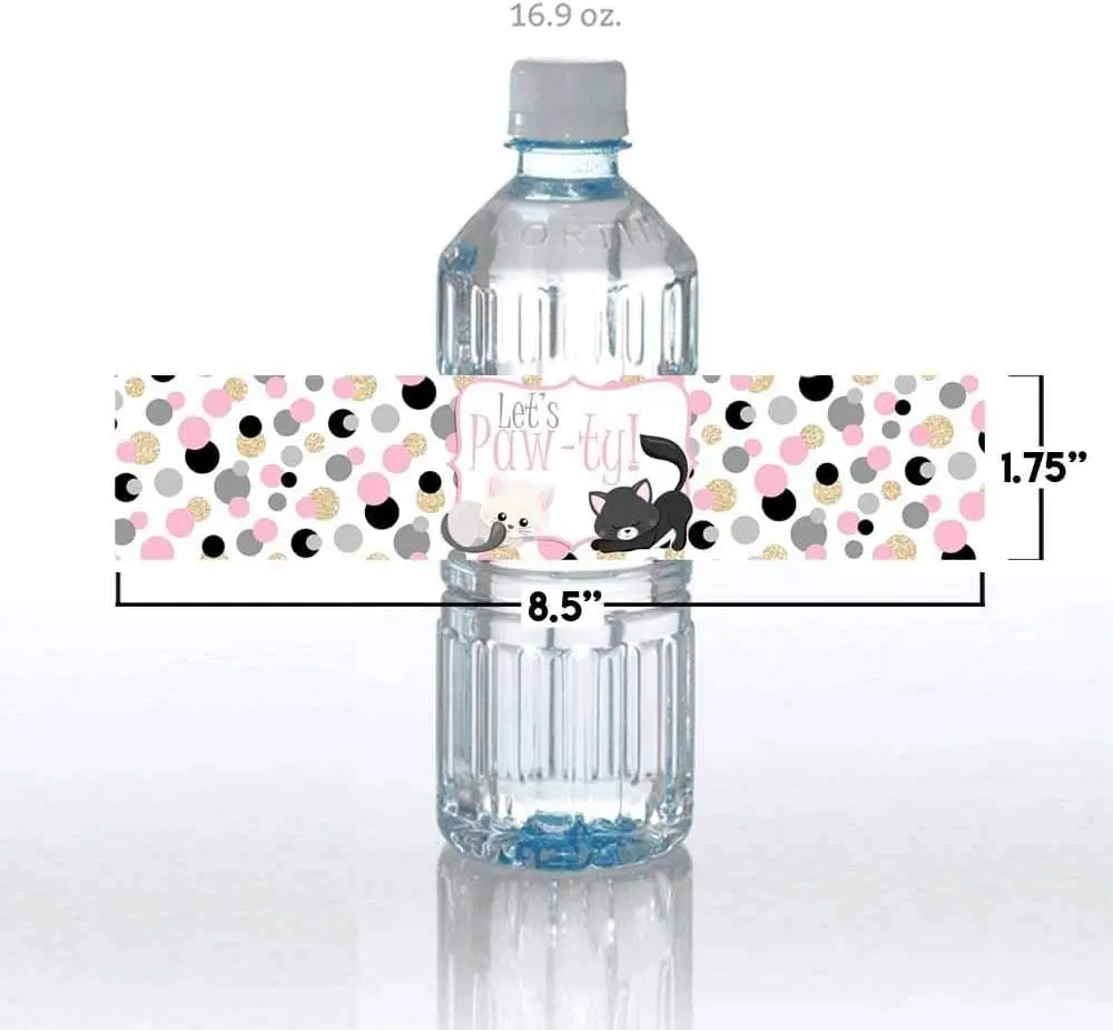 Amanda Creation Polka Dot Kitty Cat Themed Birthday Party Waterproof Water Bottle Sticker Wrappers, 20 Count | Party Theme - view 11