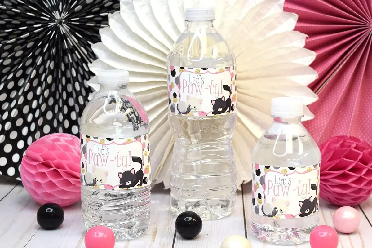 Amanda Creation Polka Dot Kitty Cat Themed Birthday Party Waterproof Water Bottle Sticker Wrappers, 20 Count | Party Theme - view 3