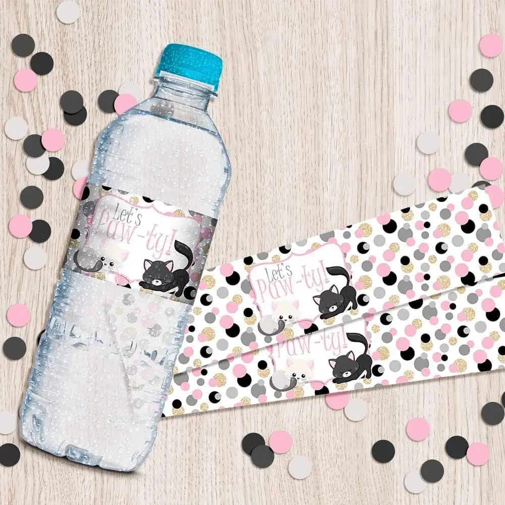 Amanda Creation Polka Dot Kitty Cat Themed Birthday Party Waterproof Water Bottle Sticker Wrappers, 20 Count | Party Theme - view 12