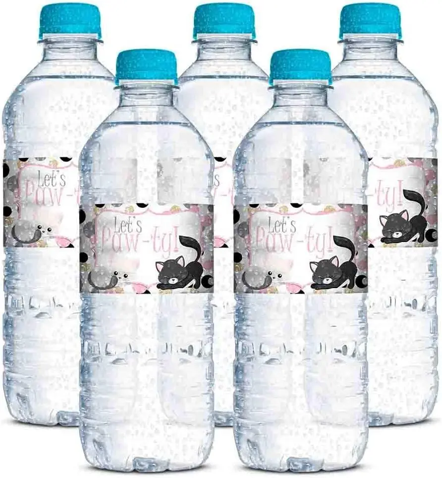 Amanda Creation Polka Dot Kitty Cat Themed Birthday Party Waterproof Water Bottle Sticker Wrappers, 20 Count | Party Theme - view 5