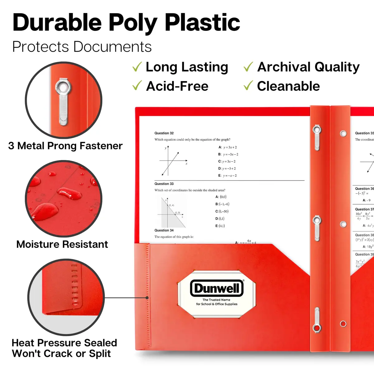 Dunwell Plastic 2-Pocket Folders with 3 Prongs, Red, 2 Pack (23.7cm x 29.5cm x 1.1cm) | Durable Poly Folders for Students & Professionals - view 2