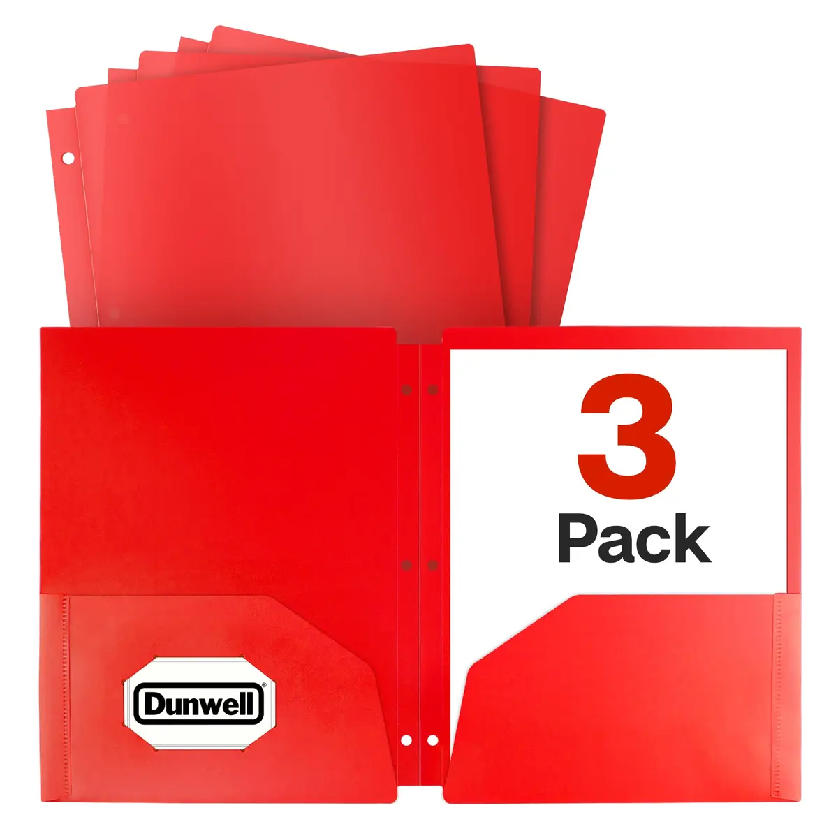 Dunwell 2-Pocket Folder for 3-Ring Binder, 8.5x11, 3-Pack, Red | Durable, Water-Resistant Poly Folder - main product image