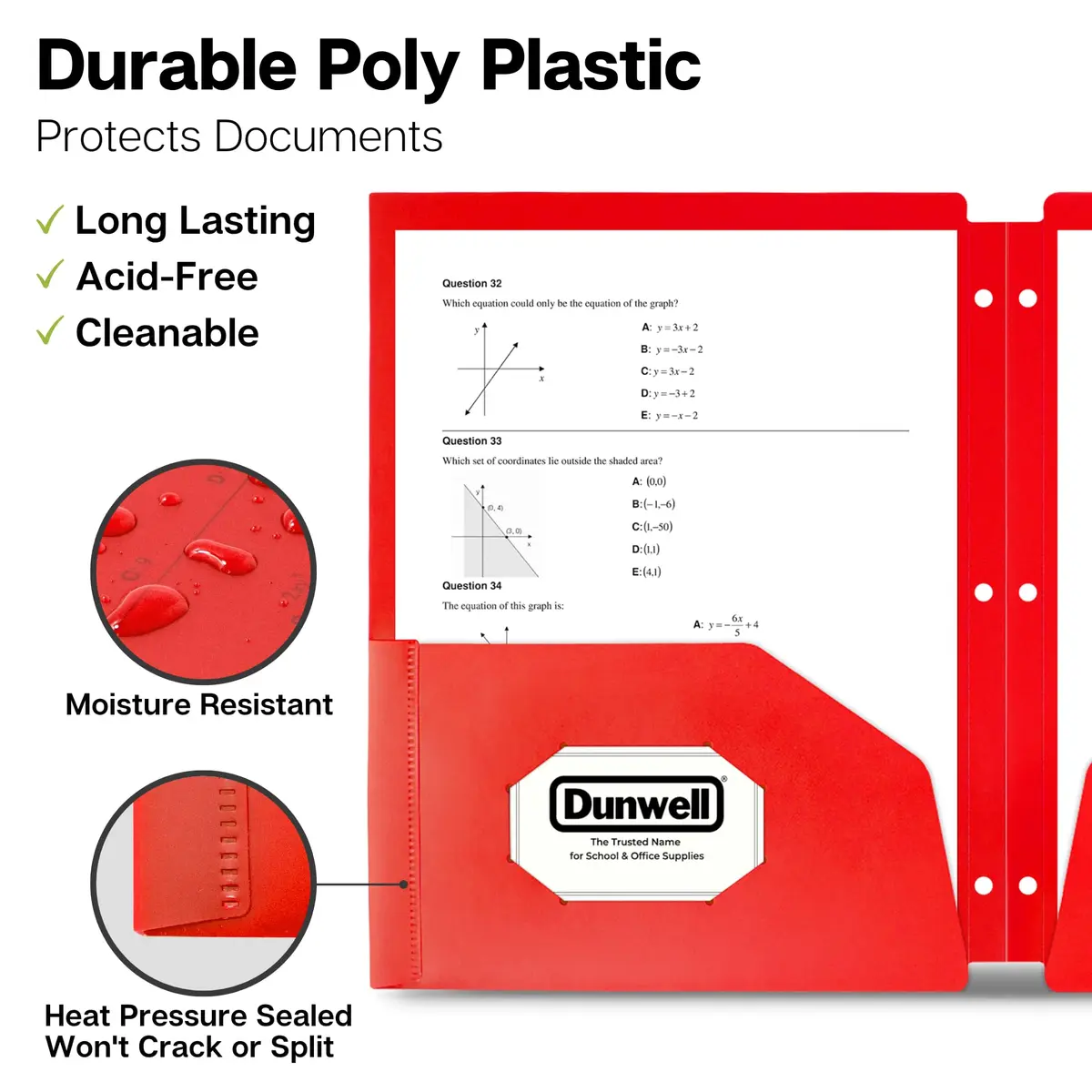 Dunwell 2-Pocket Folder for 3-Ring Binder, 8.5x11, 3-Pack, Red | Durable, Water-Resistant Poly Folder - view 3