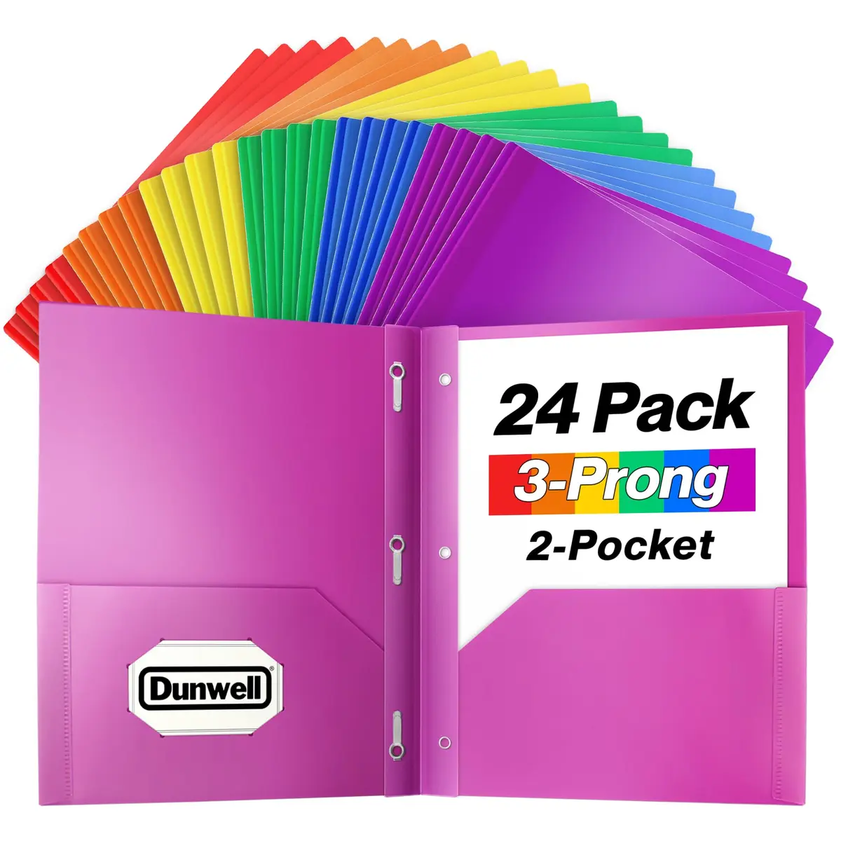 Dunwell Plastic 2-Pocket Folders with 3 Prongs Assorted 24 Pack | Durable, Water-Resistant, School & Office Use - main product image