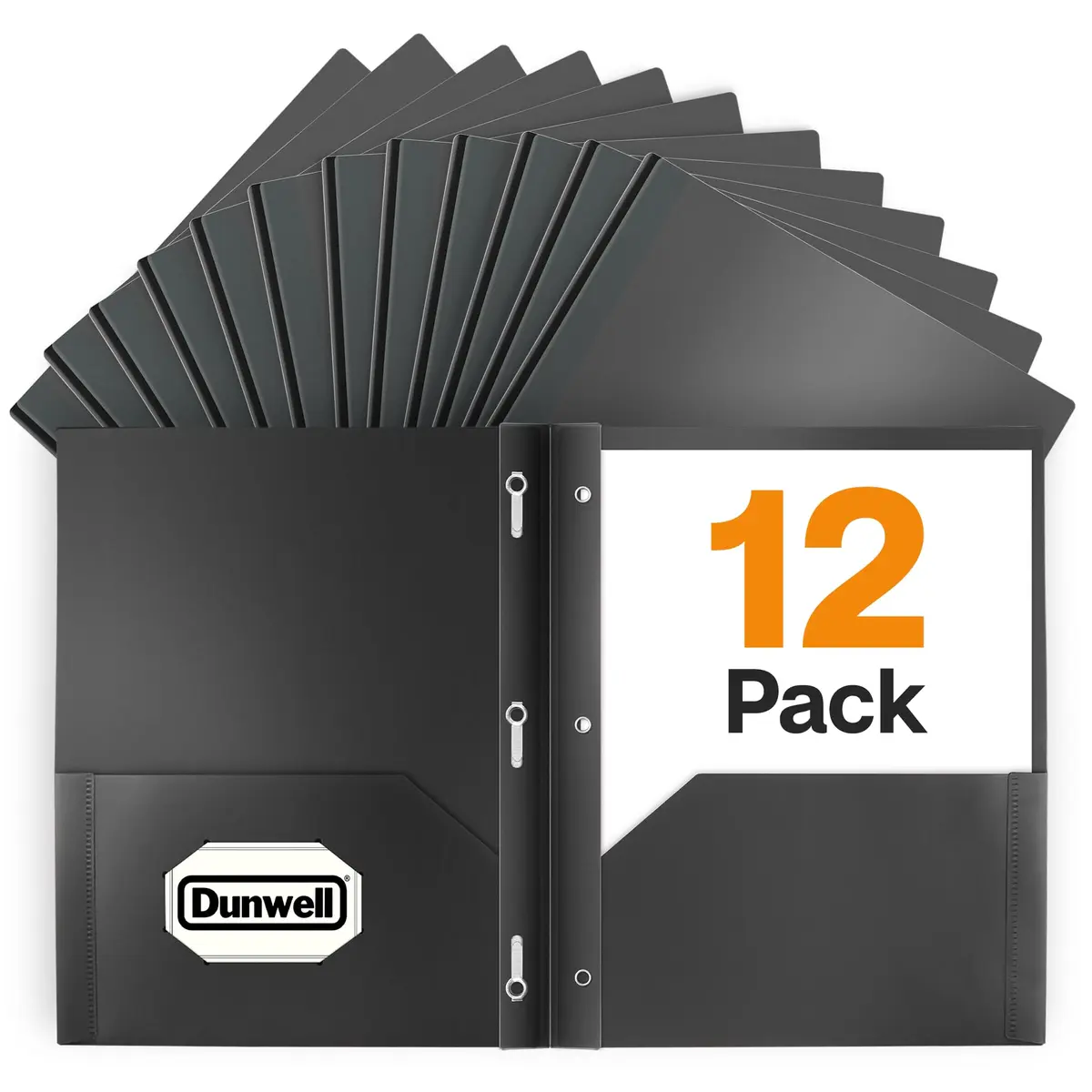 Dunwell Plastic 2-Pocket Folders with 3 Prongs, Black, 12 Pack (24.1 cm x 29.2 cm) | Acid-Free Poly for Long-Term School & Office Use - main product image