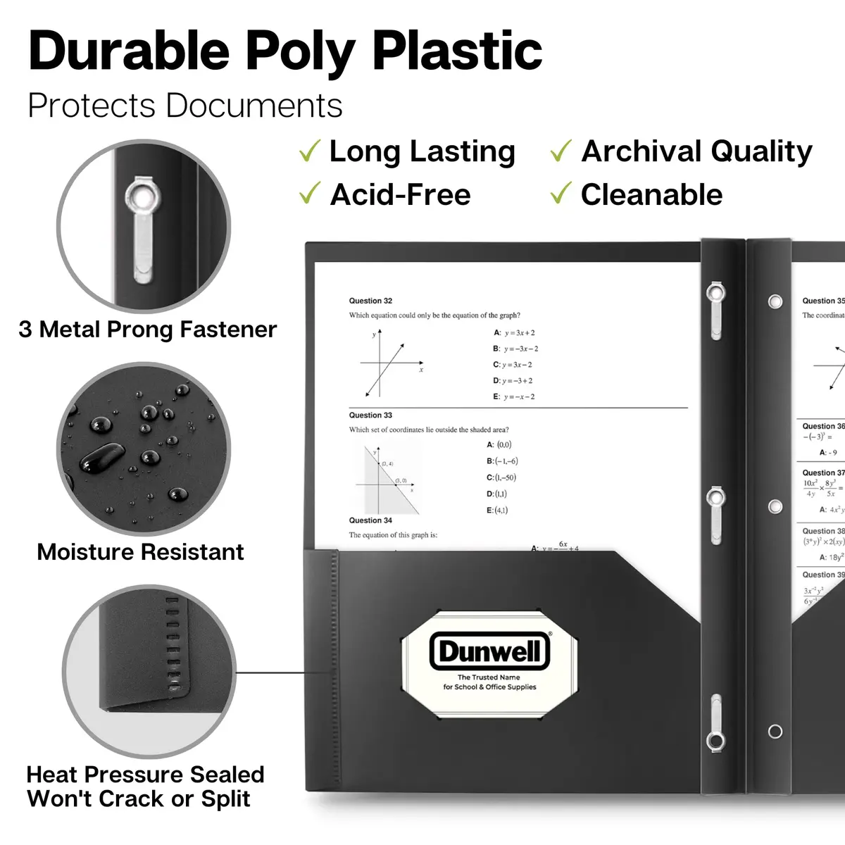 Dunwell Plastic 2-Pocket Folders with 3 Prongs, Black, 12 Pack (24.1 cm x 29.2 cm) | Acid-Free Poly for Long-Term School & Office Use - view 2
