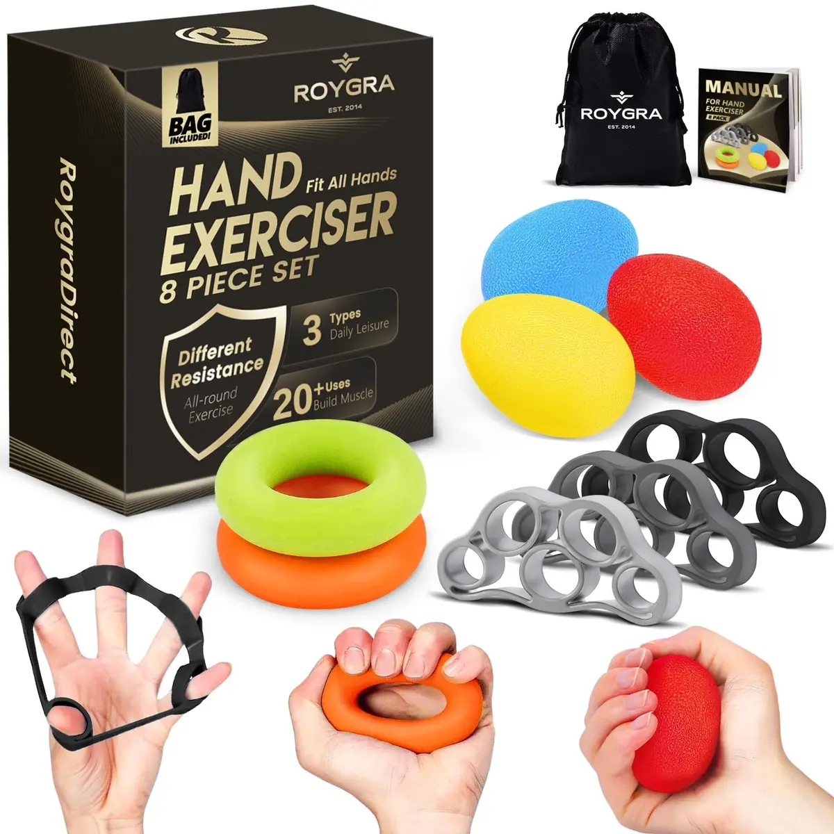 roygra Grip Strength Trainer (8 Pack) | Hand & Finger Exercise Devices for All Ages - main product image
