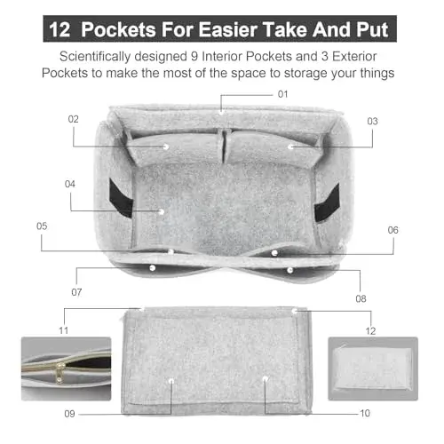 OMYSTYLE Light Grey Large Felt Tote Bag Organizer Insert with 13 Pockets - view 3