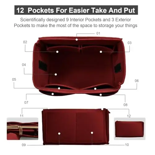 OMYSTYLE Dark Red X-Large Felt Tote Bag Organizer Insert with 13 Pockets | 30cm x 16cm x 16cm - view 3