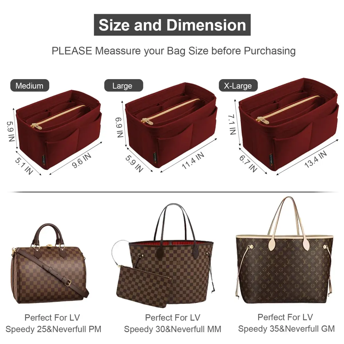 OMYSTYLE Dark Red Large Felt Organizer Insert | Keeps Handbags Tidy & Structured - view 2