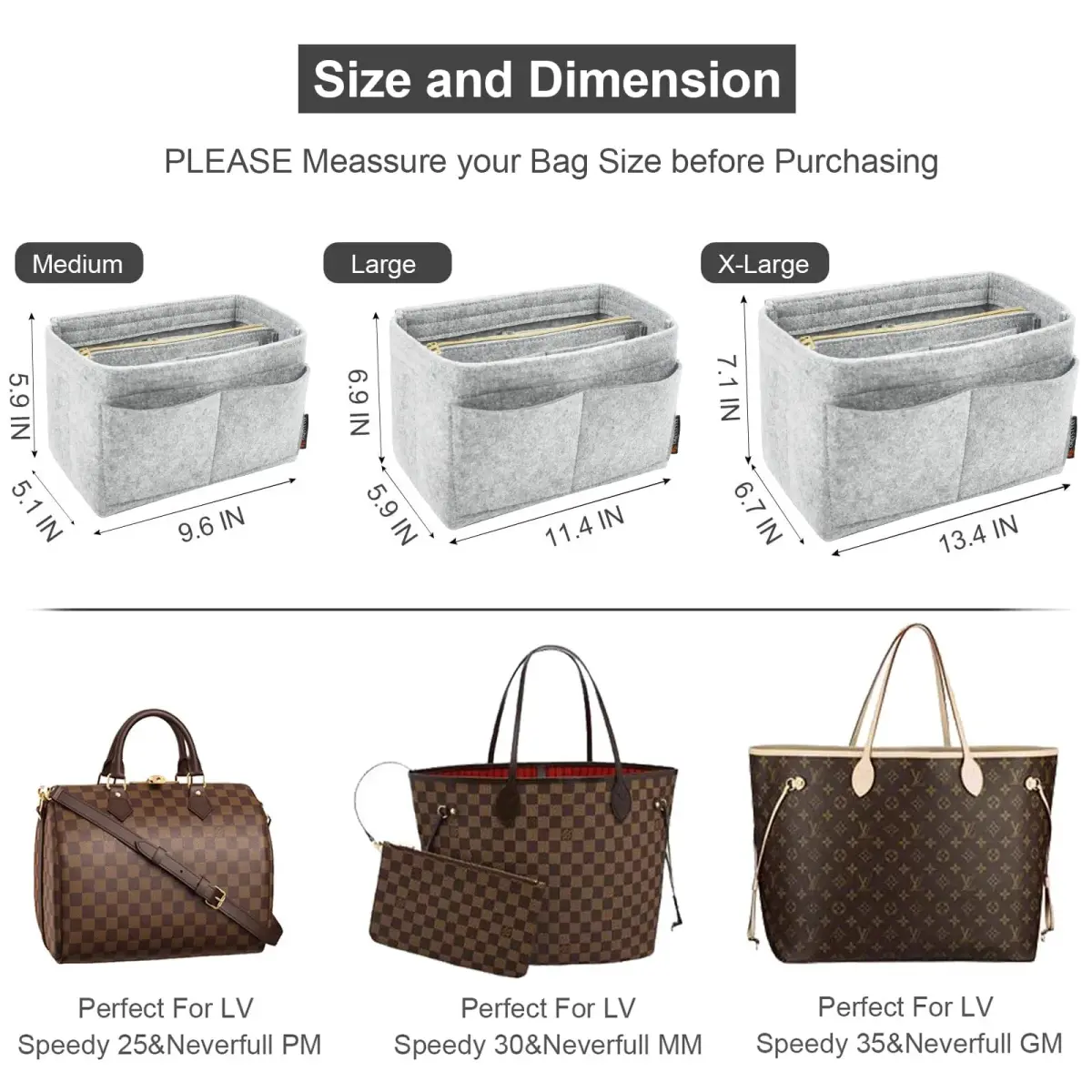 OMYSTYLE Light Grey Felt Tote Bag Organizer Insert - Medium (24.4cm x 12.9cm x 15cm) - view 2