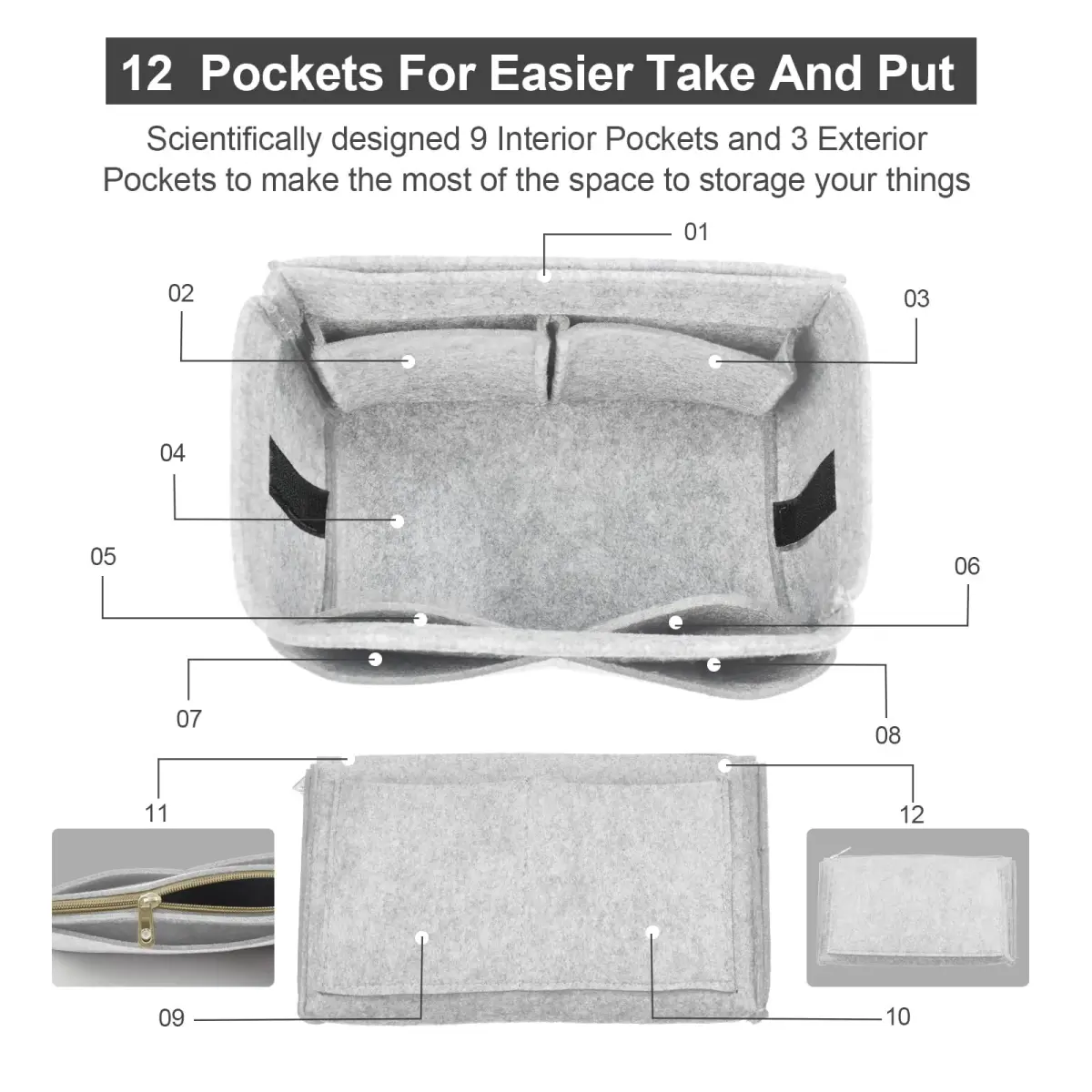 OMYSTYLE Light Grey Felt Tote Bag Organizer Insert - Medium (24.4cm x 12.9cm x 15cm) - view 3