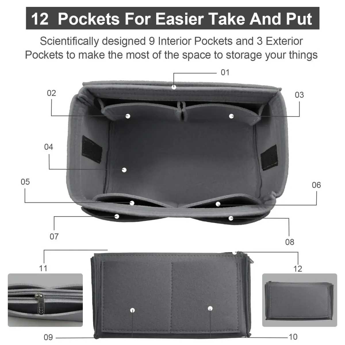OMYSTYLE Dark Grey X-Large Felt Tote Bag Organizer Insert with 13 Pockets | 30cm x 15cm x 16cm - view 2