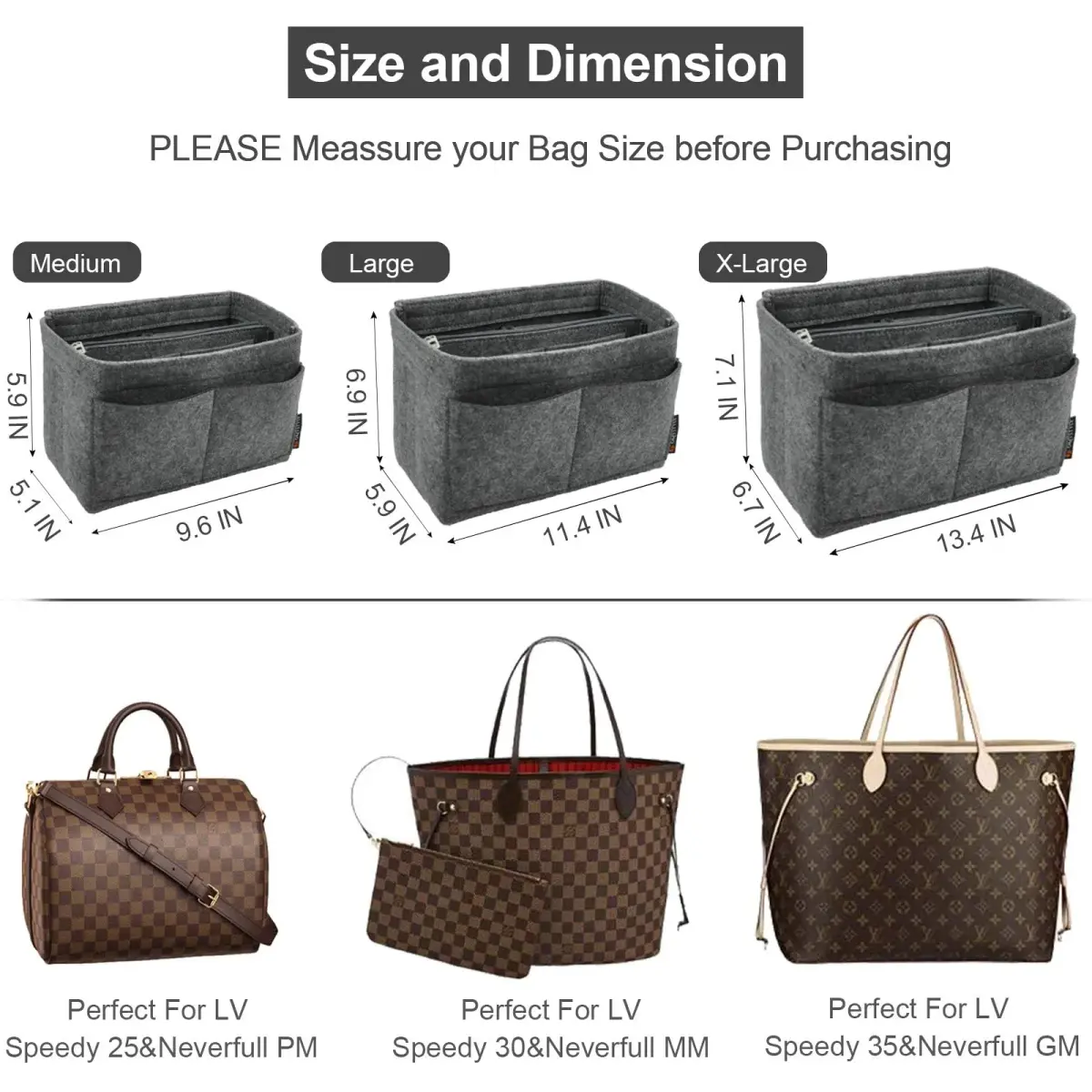 OMYSTYLE Dark Grey X-Large Felt Tote Bag Organizer Insert with 13 Pockets | 30cm x 15cm x 16cm - view 3