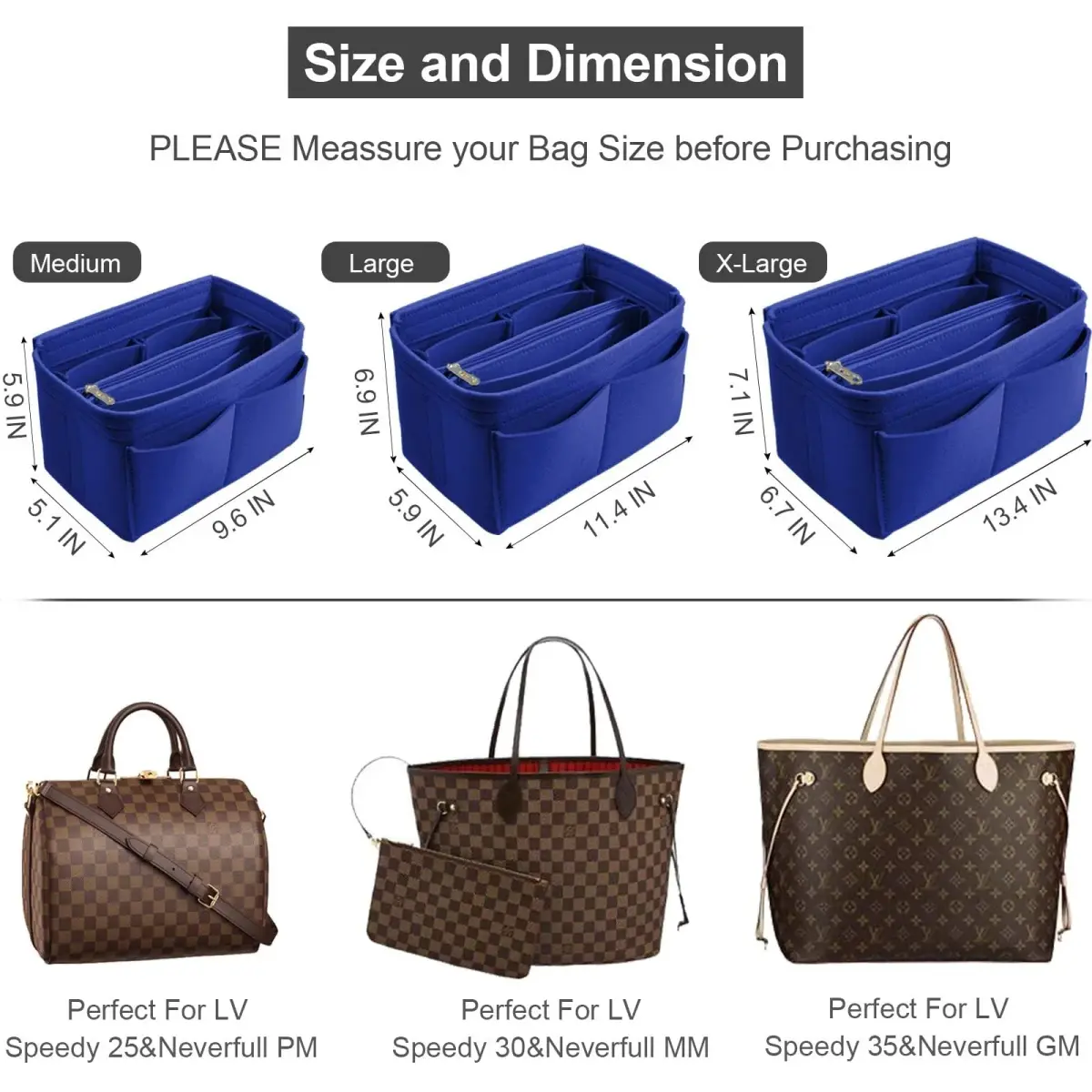 OMYSTYLE Dark Blue Medium Felt Tote Bag Organizer Insert with 13 Pockets | 24.4cm x 12.9cm x 15cm - view 2