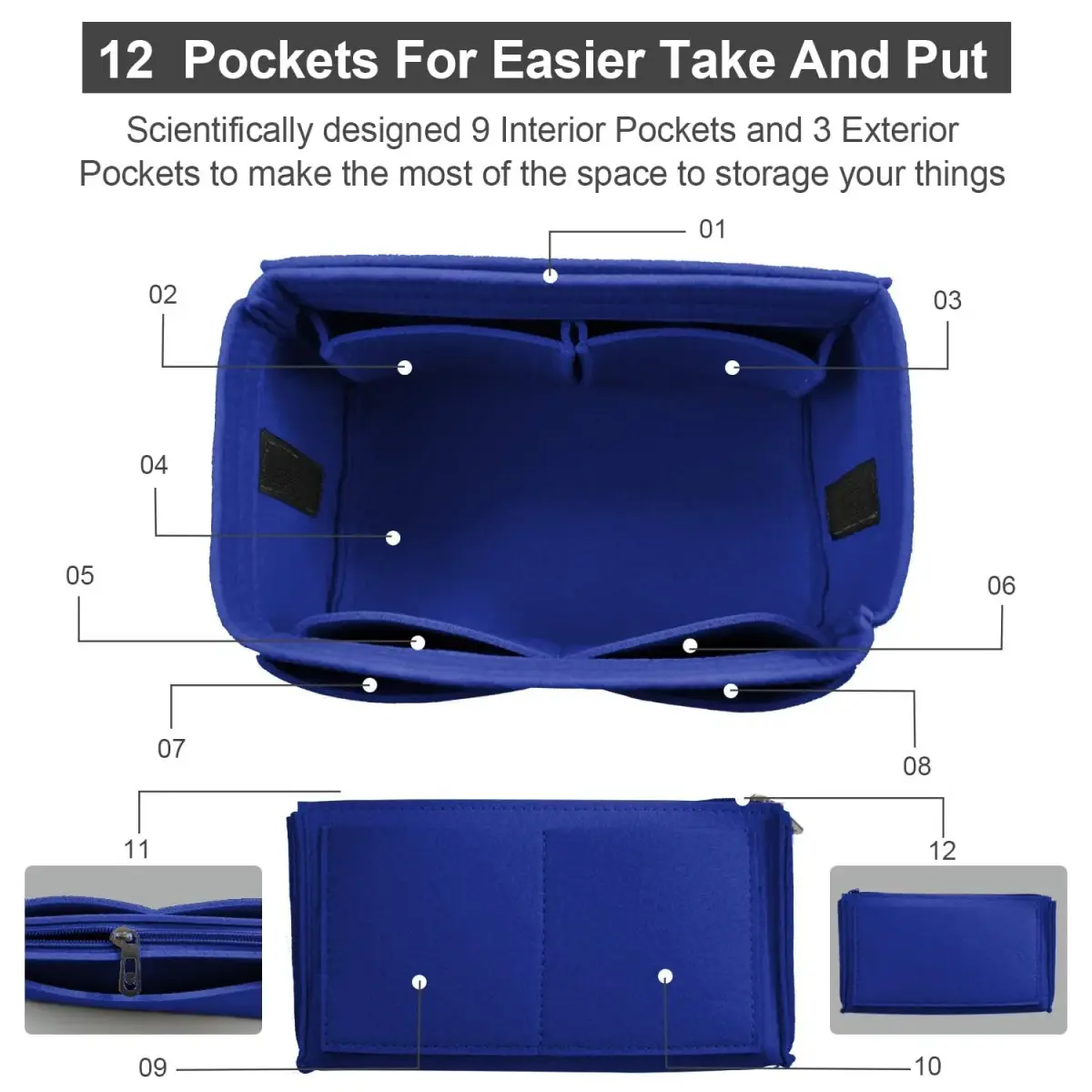 OMYSTYLE Dark Blue Medium Felt Tote Bag Organizer Insert with 13 Pockets | 24.4cm x 12.9cm x 15cm - view 3