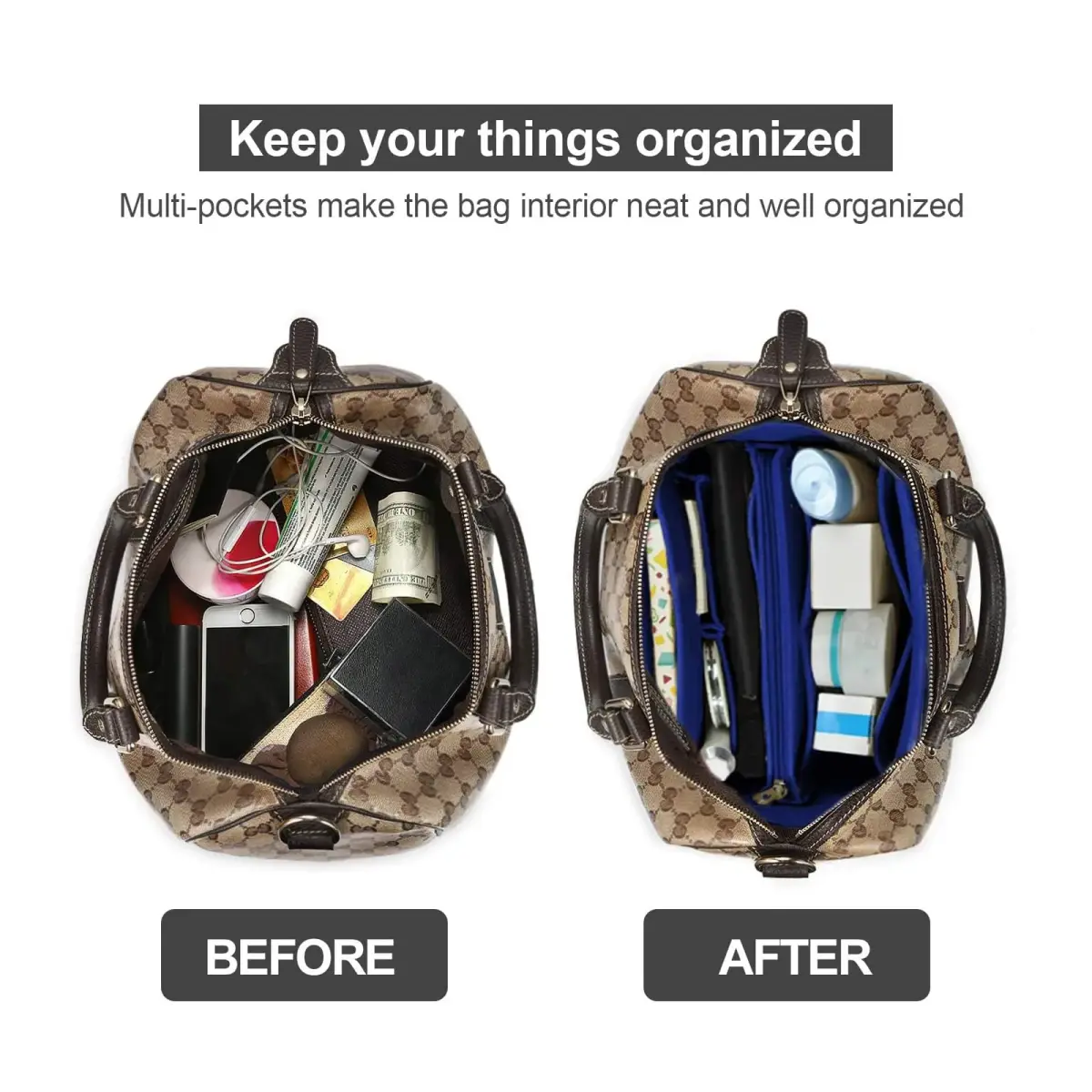 OMYSTYLE Dark Blue Medium Felt Tote Bag Organizer Insert with 13 Pockets | 24.4cm x 12.9cm x 15cm - view 4