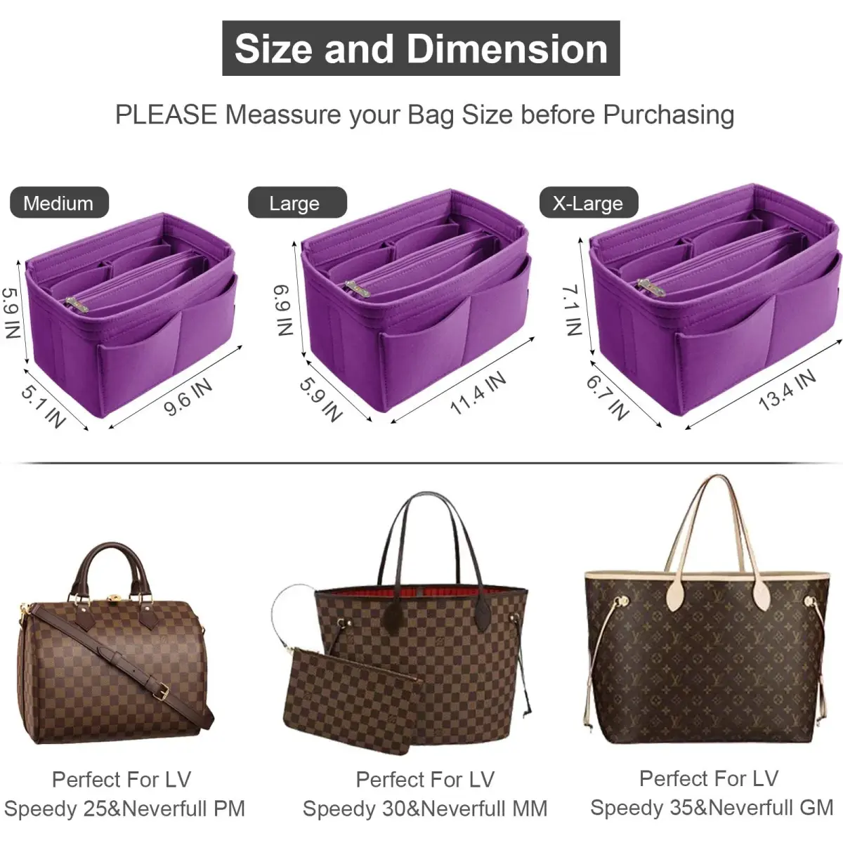 OMYSTYLE Purple Large Felt Tote Bag Organizer Insert with 13 Pockets | 30cm x 16cm x 16cm - view 2