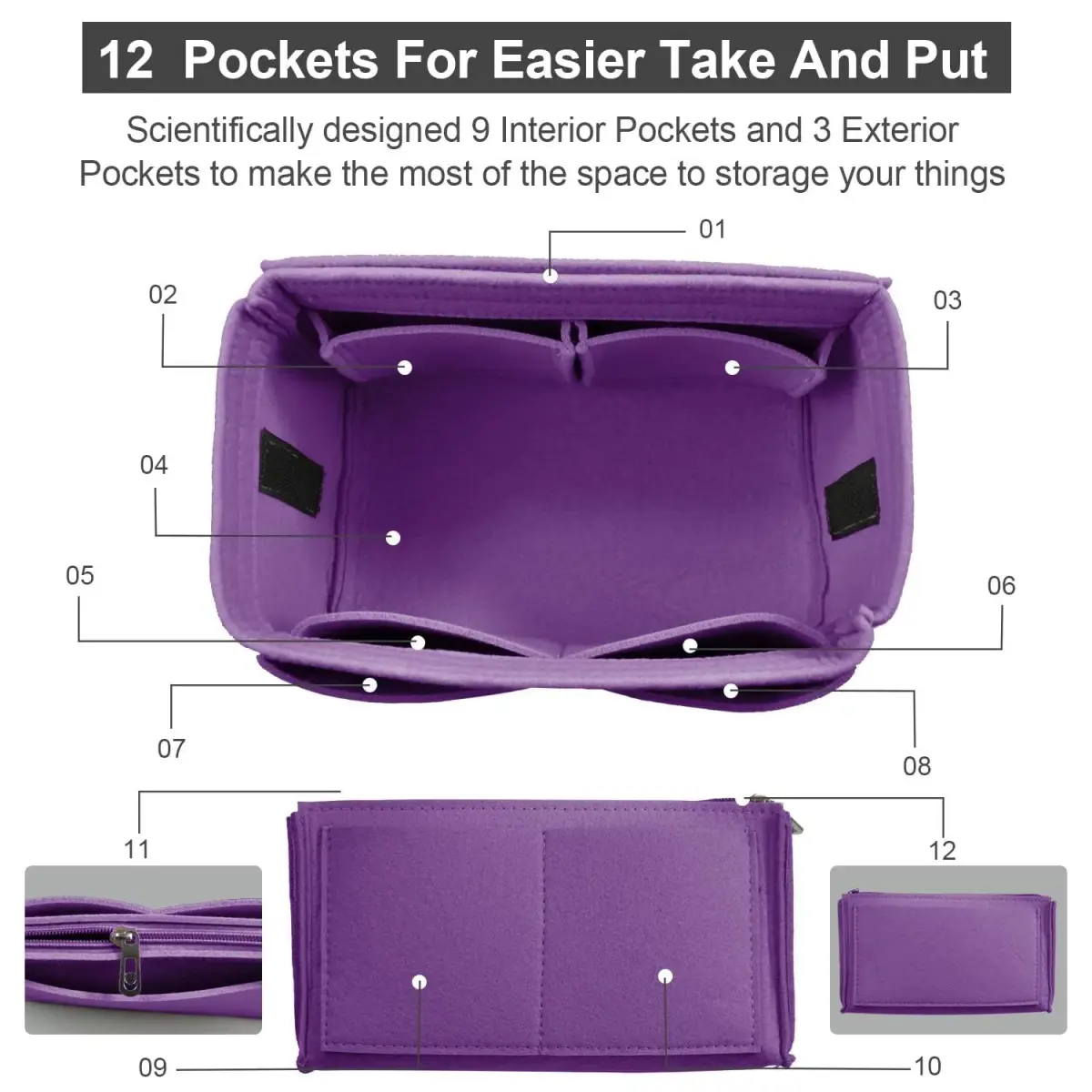 OMYSTYLE Purple Large Felt Tote Bag Organizer Insert with 13 Pockets | 30cm x 16cm x 16cm - view 3