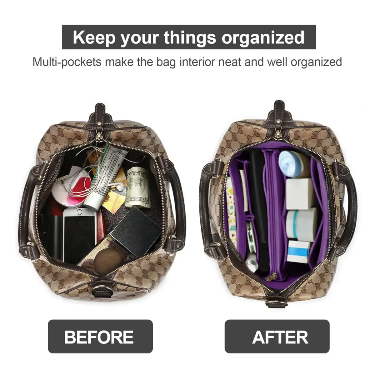OMYSTYLE Purple Large Felt Tote Bag Organizer Insert with 13 Pockets | 30cm x 16cm x 16cm - view 4
