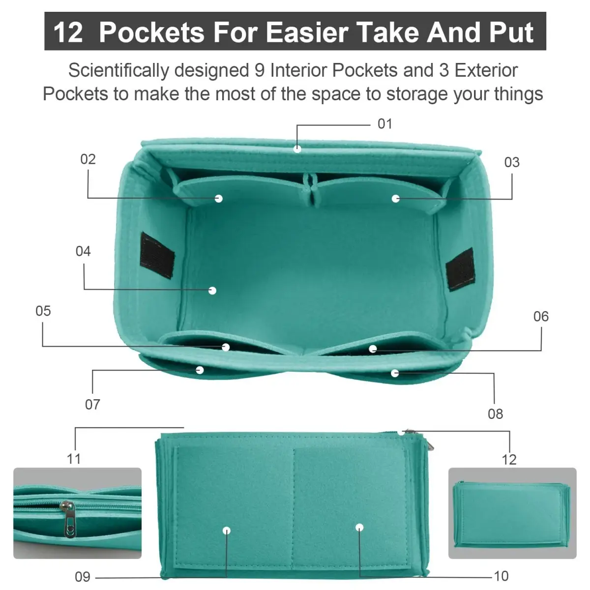 OMYSTYLE Cyan X-Large Felt Tote Bag Organizer Insert with 13 Pockets | 30cm x 15cm x 15cm - view 2