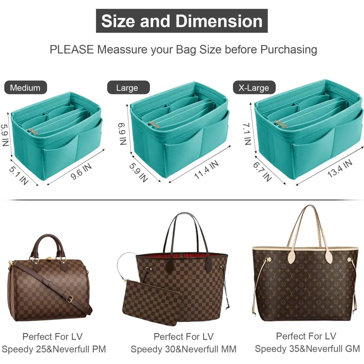 OMYSTYLE Cyan X-Large Felt Tote Bag Organizer Insert with 13 Pockets | 30cm x 15cm x 15cm - view 3
