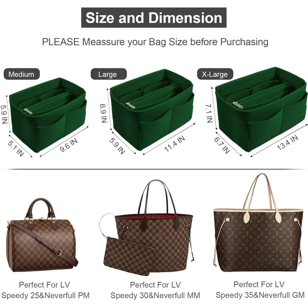 OMYSTYLE Large Green Felt Tote Bag Organizer Insert with 13 Pockets | 30cm x 15cm x 16cm - view 2