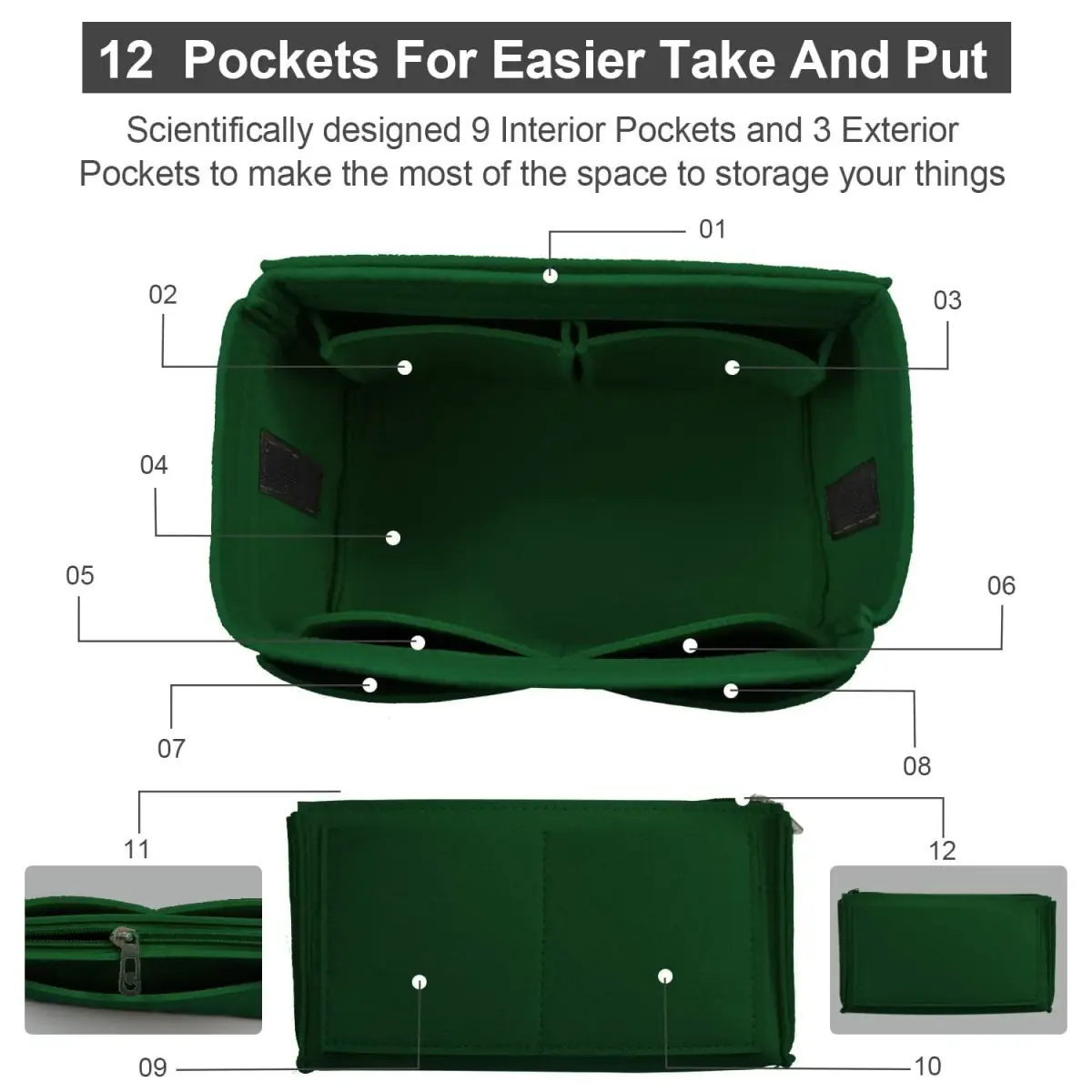 OMYSTYLE Large Green Felt Tote Bag Organizer Insert with 13 Pockets | 30cm x 15cm x 16cm - view 3