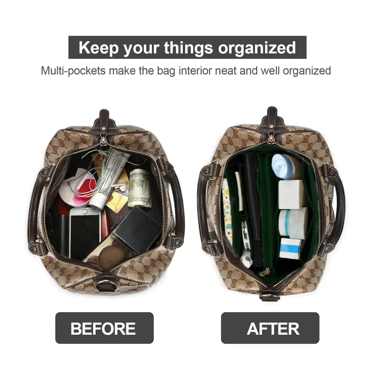 OMYSTYLE Large Green Felt Tote Bag Organizer Insert with 13 Pockets | 30cm x 15cm x 16cm - view 4
