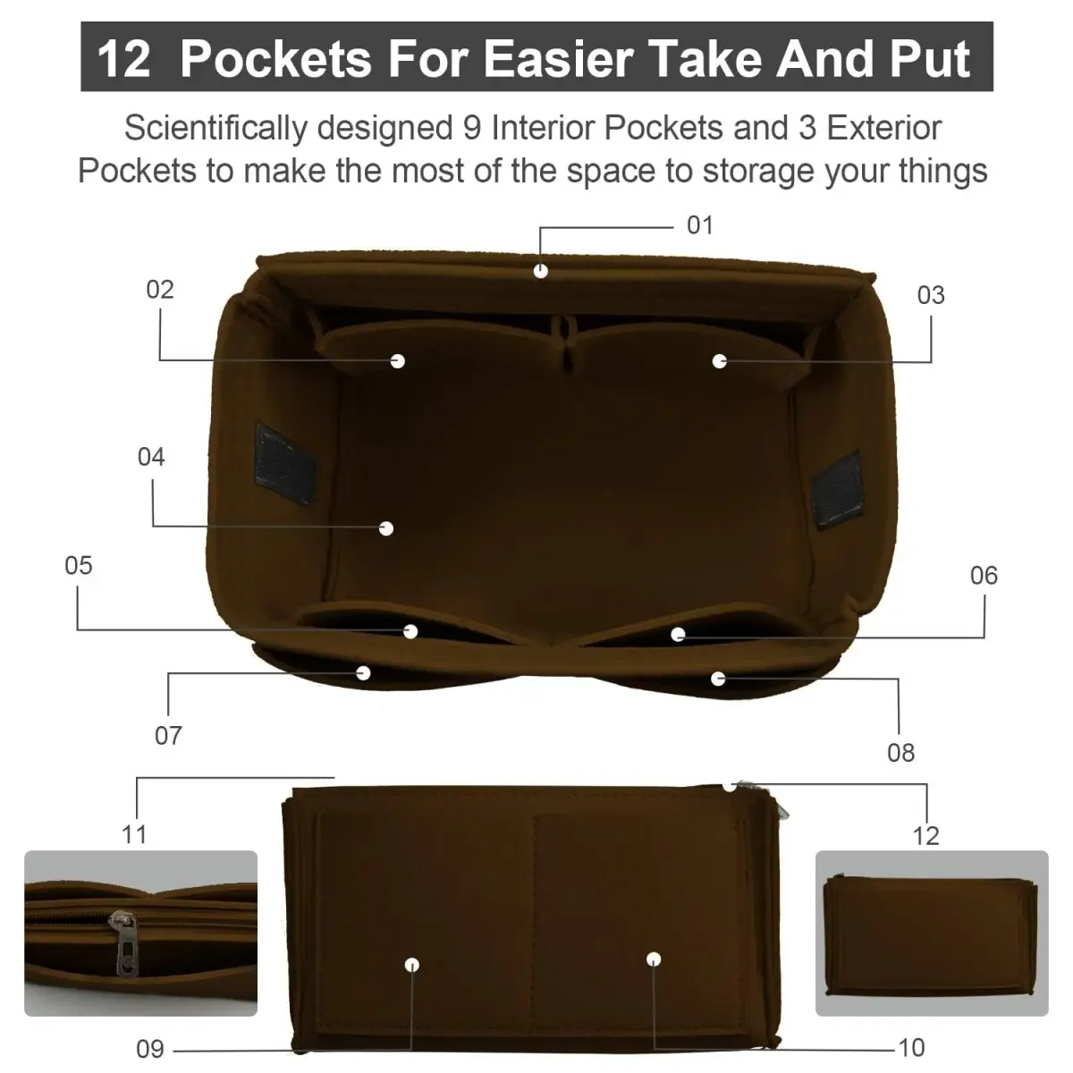 OMYSTYLE Dark Brown X-Large Felt Organizer Insert | 13 Pockets, 200g - view 3