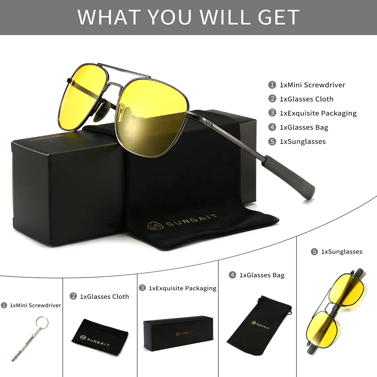 SUNGAIT Men's Military Style Polarized Pilot Aviator Sunglasses with Bayonet Temples | Night Driving & Low Light Vision - view 6