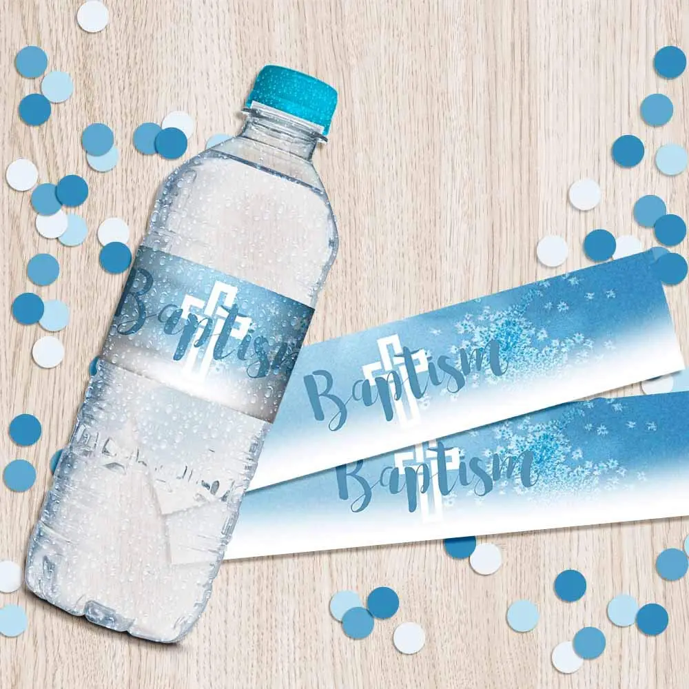 Amanda Creation Blue Watercolor Baptism Water Bottle Labels 20 Count | Waterproof Vinyl Wraps for Boys - view 6